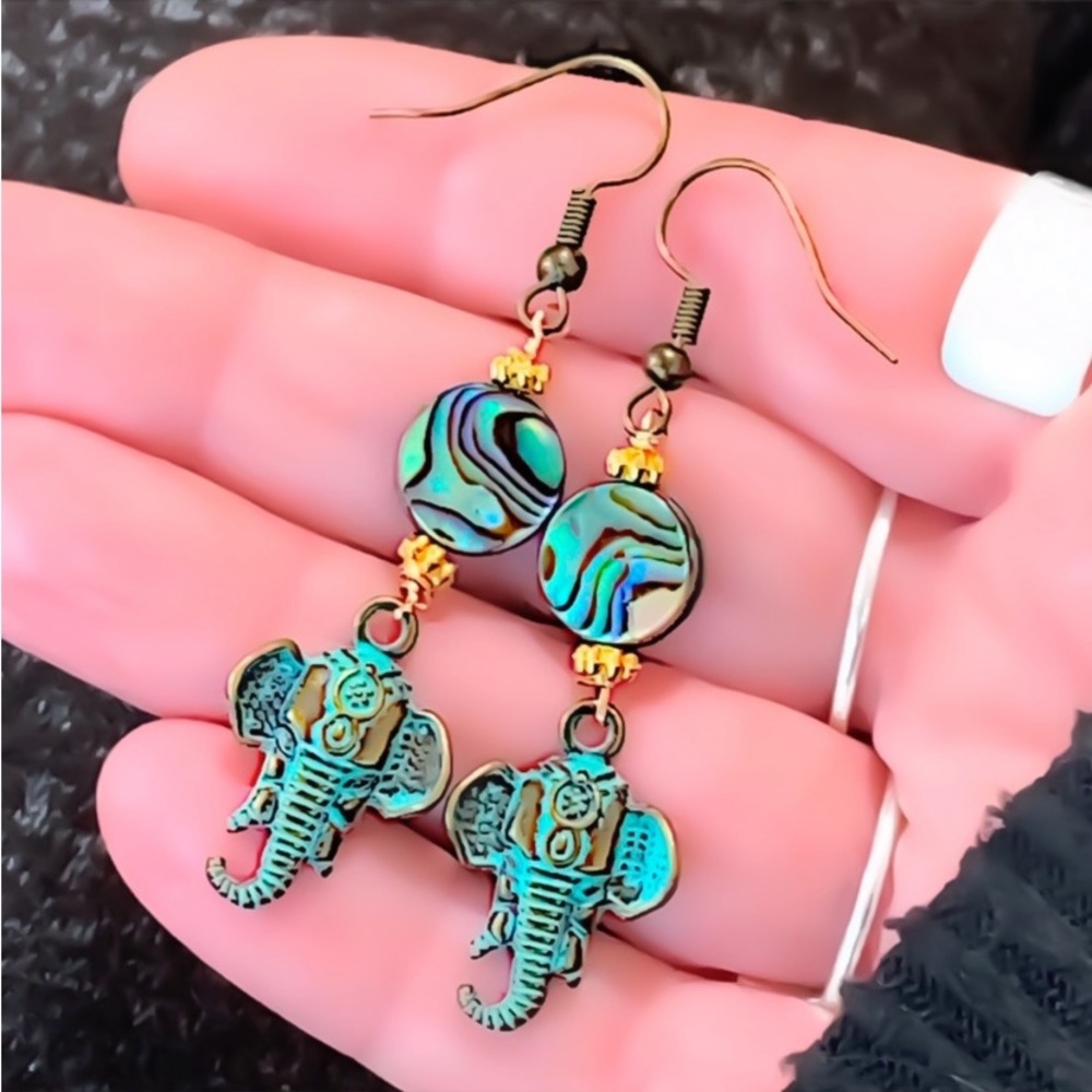 3 x genuine green abalone shell patina elephant antique bronze dangle earrings